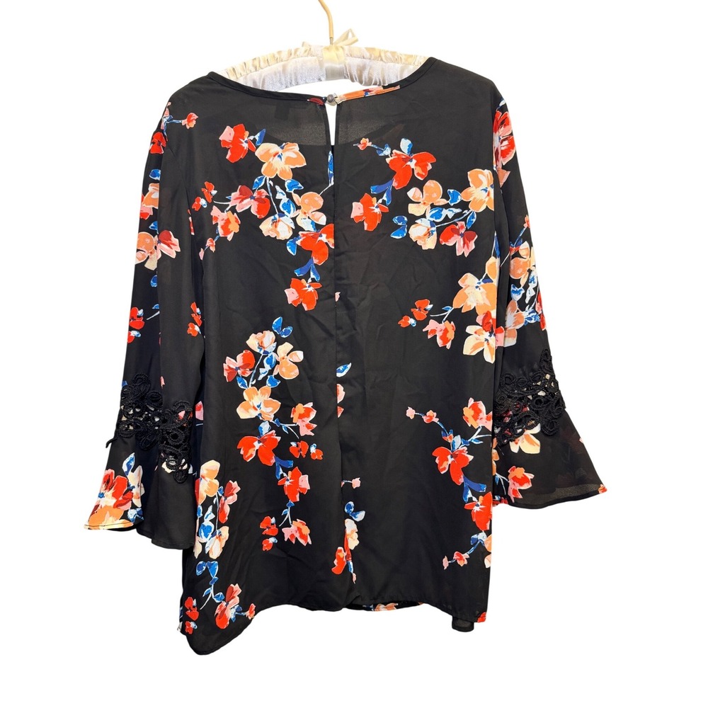 Zac & Rachel Womens Black Floral Bell Sleeve Crochet Lace Blouse Size L - Picture 2 of 10